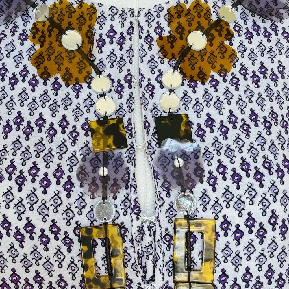 Tory Burch Sz 6 Printed Cotton And‎ Silk V Neck Tunic Top Purple Beaded Neckline